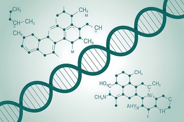 Abstract illustration of a dna double helix structure with chemical formulas, representing genetic code, biology, science, and medical research in a biotechnology and biochemistry context