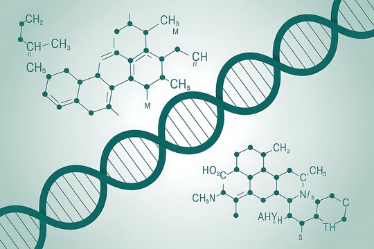 Abstract illustration of a dna double helix structure with chemical formulas, representing genetic code, biology, science, and medical research in a biotechnology and biochemistry context