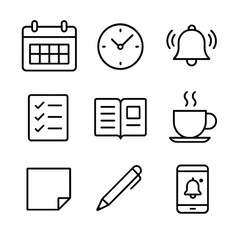 Weekly Schedule Icons. Outline icon set of weekly schedule: calendar week view, clock, checklist, alarm bell, planner, coffee cup,
