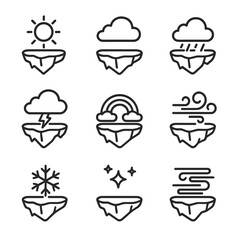 Floating Island Icon Set. Outline icon set of floating island weather: sun, cloud, rain shower, lightning bolt, rainbow, wind gust