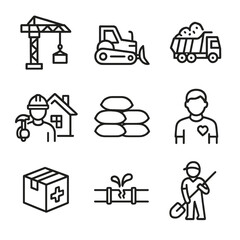 Flood Recovery Icons. Outline icon set of flood recovery: construction crane, bulldozer, debris removal, rebuilding house, sandbag