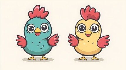 Fototapeta premium Digital illustration of two cute, cartoon chickens with expressive eyes and prominent comb feathers.