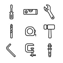 Obraz premium Tool Icon Set. Outline icon set of installation and adjustment tools: screwdriver, spirit level, adjustable wrench, drill bit,