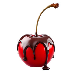 A single red cherry covered in dark chocolate sauce against a black background in a studio setting