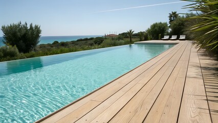 Obraz premium Sleek wooden deck edge beside shimmering swimming pool with turquoise water