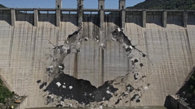 An epic, cinematic shot of a massive concrete dam cracking and breaking apart, unleashing a powerful torrent of water, symbolizing a system failure.