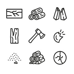 Fototapeta premium Woodworking Icon Set. Outline icon set of crackling wood: wooden plank, log pile, split wood, tree bark, axe, wood chip, sawdust,