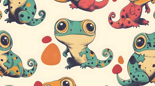 Digital illustration of cute, cartoon lizards with big eyes and speckled patterns on a light background. - Powered by Adobe