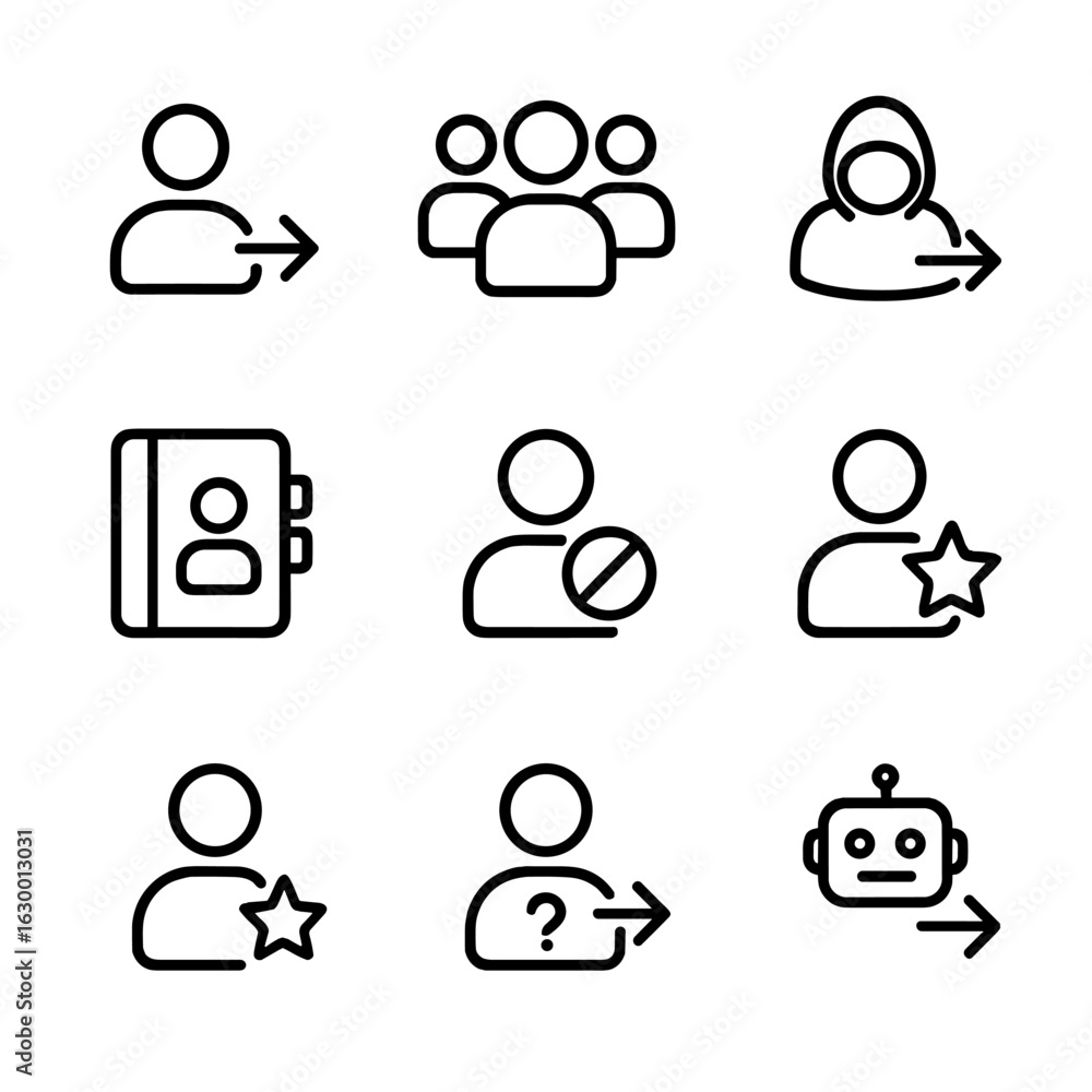Poster icon set_ message users. outline icon set of message senders and receivers: user profile, group icon