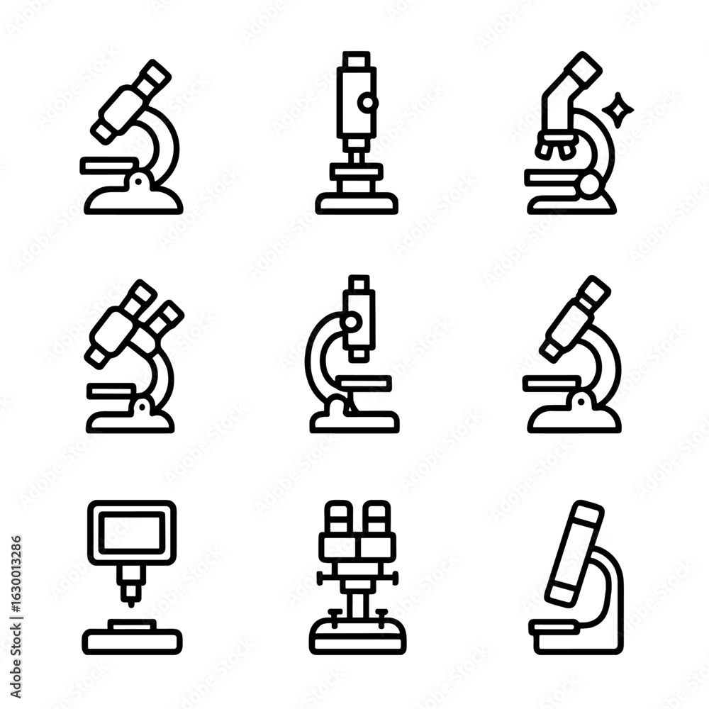 Leinwandbilder microscope icon set. outline icon set of microscope types: optical microscope, electron microscope, 