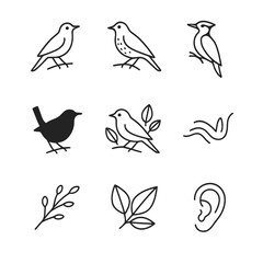 Forest Songbird Iconography. Outline icon set of forest songbirds: nightingale outline, thrush perched, woodpecker profile, wren
