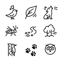 Fototapeta premium Forest Sound Icons. Outline icon set of forest sounds: singing bird, rustling leaf, howling wolf, chirping cricket, babbling