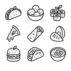 Vegan Icon Fusion. Outline icon set of vegan fusion cuisine: jackfruit taco, cauliflower karaage, quinoa sushi, coconut curry