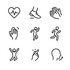 Fototapeta premium Body Rhythm Icons. Outline icon set of body rhythm: heartbeat, foot tapping, clapping hands, breath, dancing silhouette, jogging,