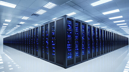 Server room with rows of black server racks and glowing blue lights in clean white setting