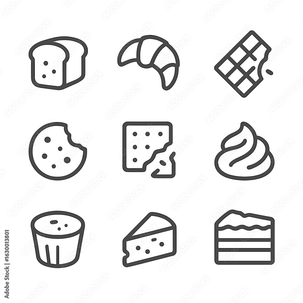 Poster fragile food icons. outline icon set of fragile food items: soft bread, delicate pastry, fragile cho