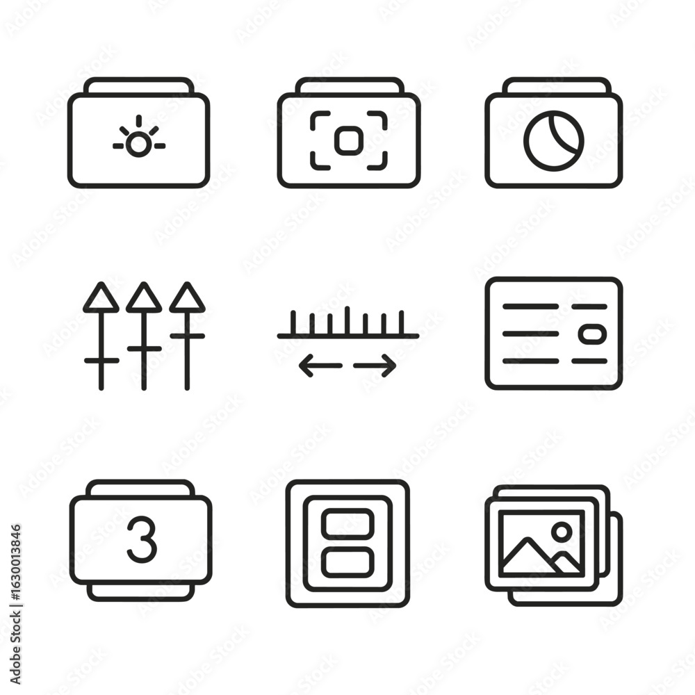 Poster bracketing icons set. outline icon set of manual bracketing functions: exposure bracket icon, focus 