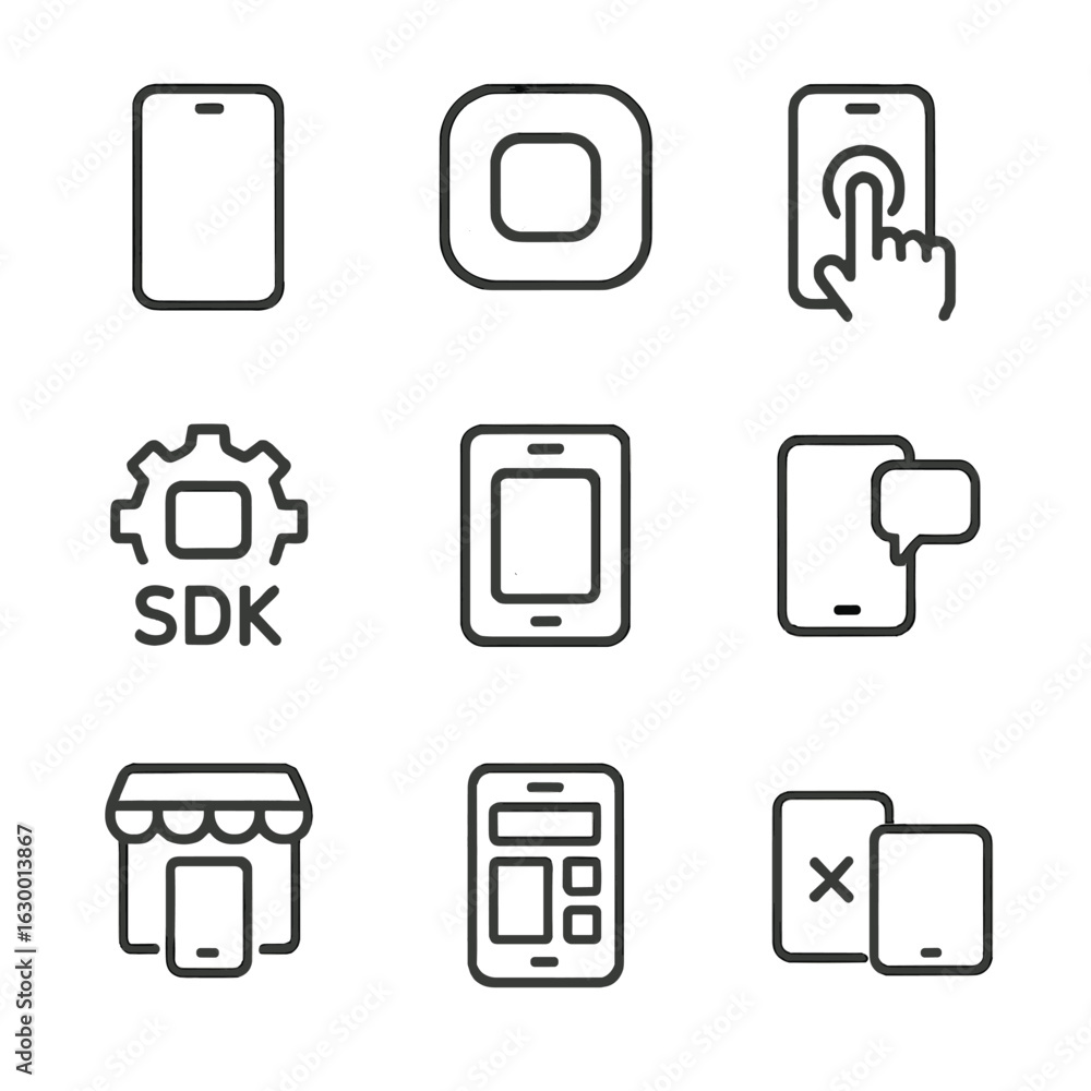 Poster mobile app icons. outline icon set of mobile app coding: smartphone screen, app icon, touchscreen ge