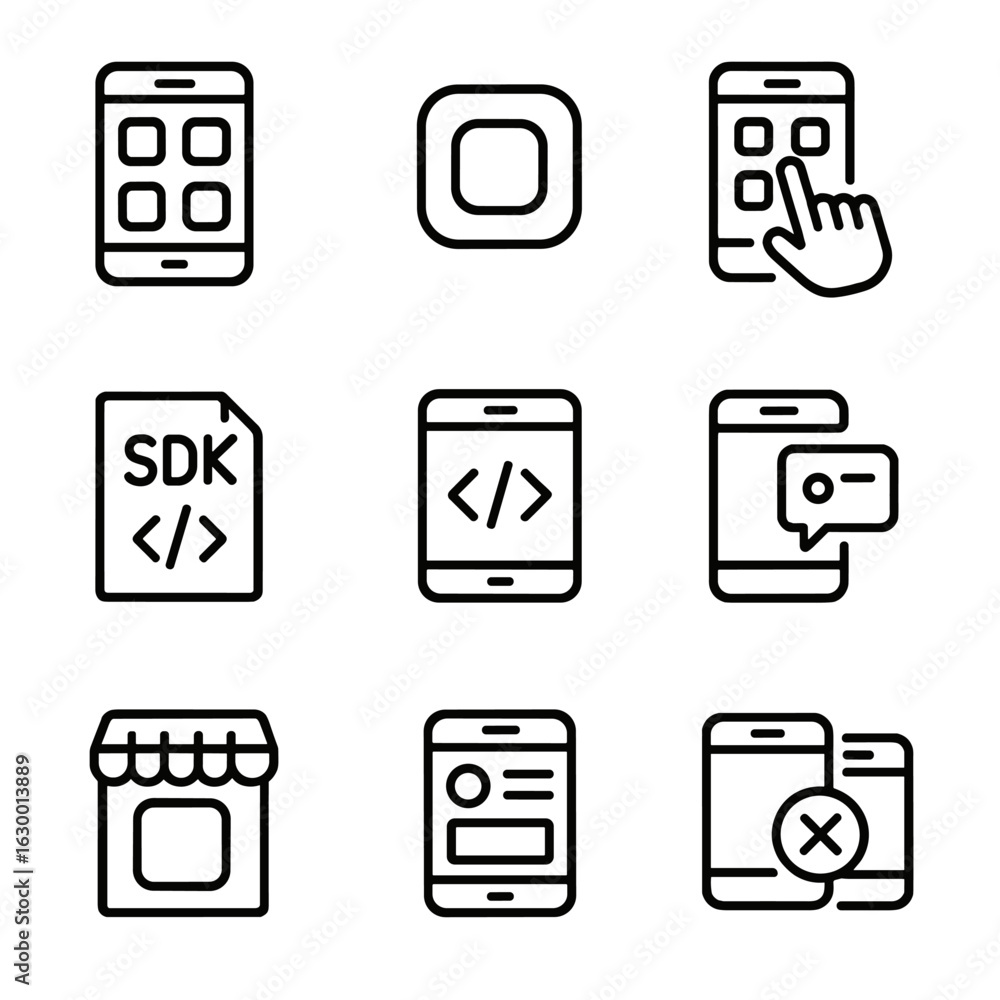 Poster mobile app icons. outline icon set of mobile app coding: smartphone screen, app icon, touchscreen ge