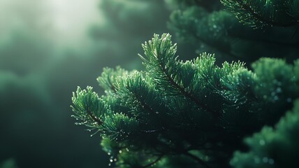 Fototapeta premium Green Pine Tree Branch with Dew in Sunlight