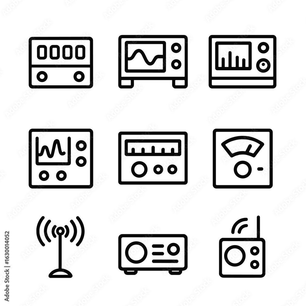 Poster outline frequency tools set. outline icon set of frequency measurement tools: frequency counter, osc