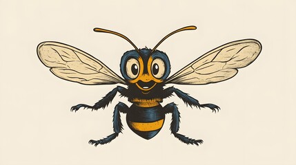 Illustration of a cartoon-style bee with black and yellow stripes, smiling face, and translucent wings.