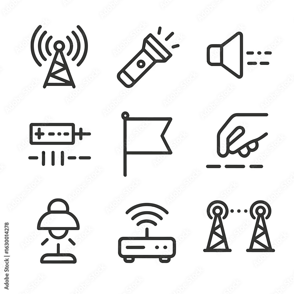 Poster morse code icons. outline icon set of morse code transmission methods: radio waves, light signals, s