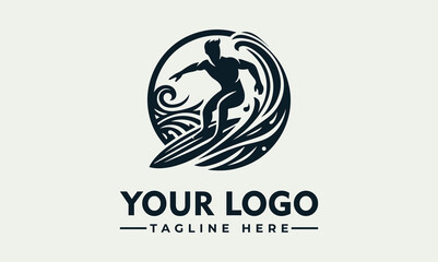 Silhouette of a surfer riding a wave inside a circle, stylized logo design.