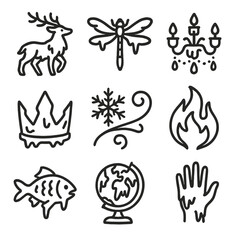 Fototapeta premium Frosted Icon Set. Outline icon set of frosted figures: ice stag, frozen dragonfly, crystal chandelier, icy crown, frozen fish,