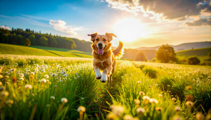 Cute happy dog running  towards the camera in a blossoming flower meadow on sunny summer afternoon
