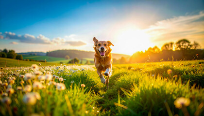 Cute happy dog running  towards the camera in a blossoming flower meadow on sunny summer afternoon