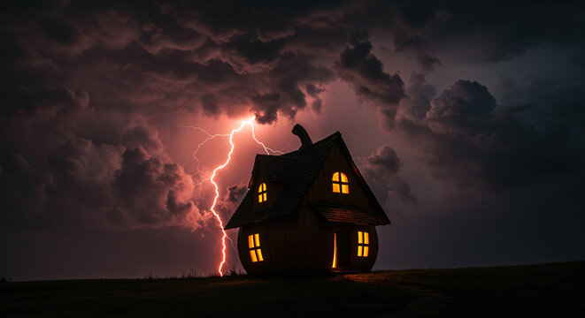 Silhouette of a pumpkin house with glowing windows under a stormy sky with lightning strikes