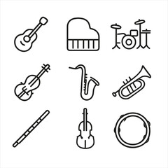 Musical Instruments Icons. Outline icon set of musical instruments: guitar, piano, drum kit, violin, saxophone, trumpet, flute,