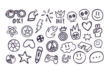 Set of hand-drawn punk rock and skater doodles. Youth culture graffiti-style icons including skull, lightning bolt, and peace signs for stickers and t-shirt prints.