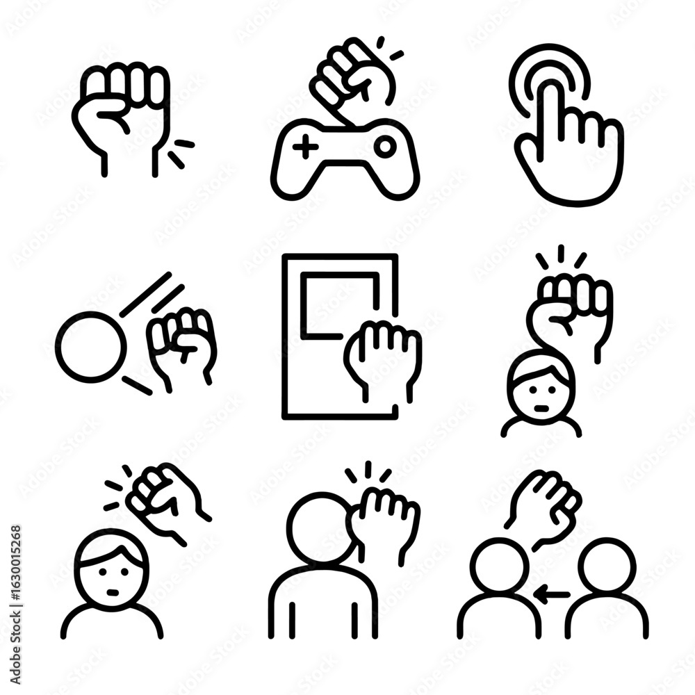Poster game knock icons. outline icon set of knock in games: knock action, knocking to start, virtual knock