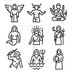 Naklejka premium Mythical God Icons. Outline icon set of mythological god forms: winged deity, horned god, multi-armed god, serpent-bodied god,