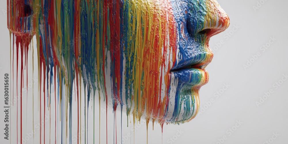 Poster chromatic contemplation: a close-up shot of a human face artfully adorned with cascading streams of 