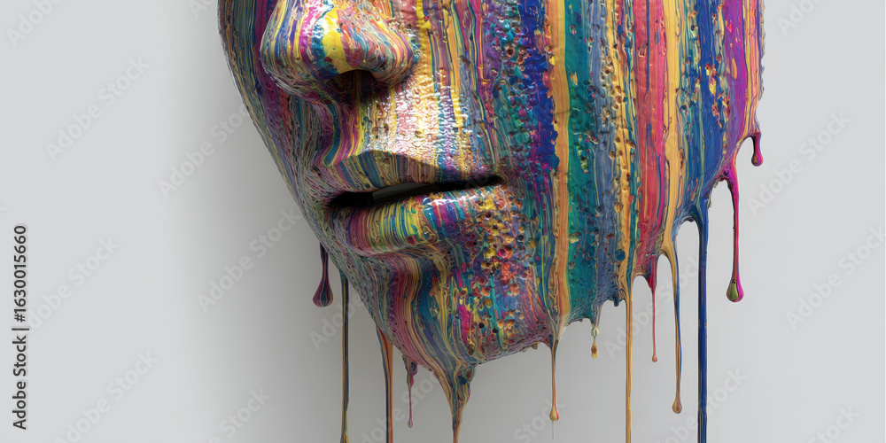 Poster painted face sculpture: a close-up captures a striking sculpted face, intricately adorned with rivul