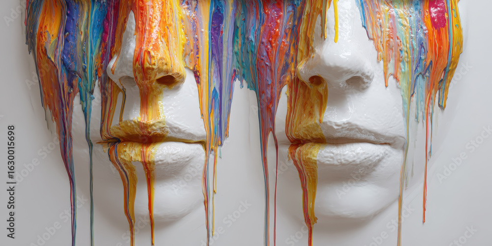 Poster face in colors: the image features two symmetrical faces adorned with a vibrant cascade of colored p