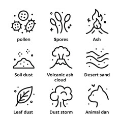 Obraz premium Nature Dust Icon Set. Outline icon set of dust in nature: pollen, spores, ash, soil dust, volcanic ash cloud, desert sand, dust