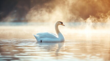 A graceful white swan swims through the mist on a serene lake at dawn. The gentle fog adds a touch of mystery and beauty to the scene.