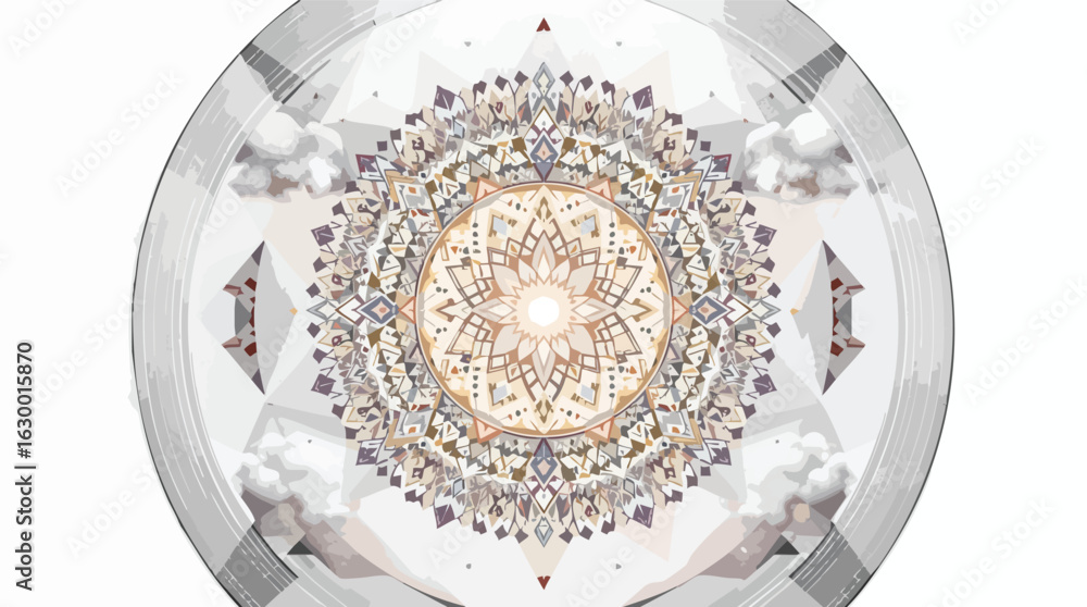 Poster abstract ornamental mandala design within a circular frame featuring geometric and bohemian elements