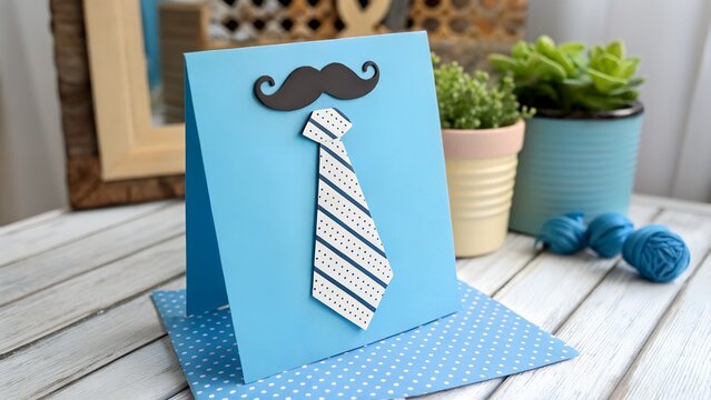 Creative DIY Father's Day Card with Mustache and Tie Design on Blue Background - Powered by Adobe
