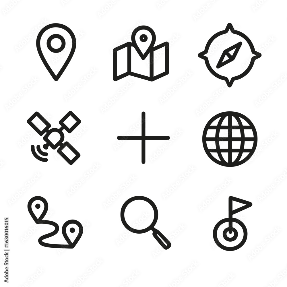 Poster geolocation outline icons. outline icon set of geolocation basics: location pin, map, compass, gps s