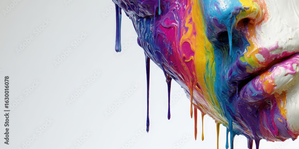 Aufkleber Face Adorned in Color: An artistic depiction of a face, artfully adorned with a vibrant cascade of colorful paint, cascading downwards in a visually captivating display.