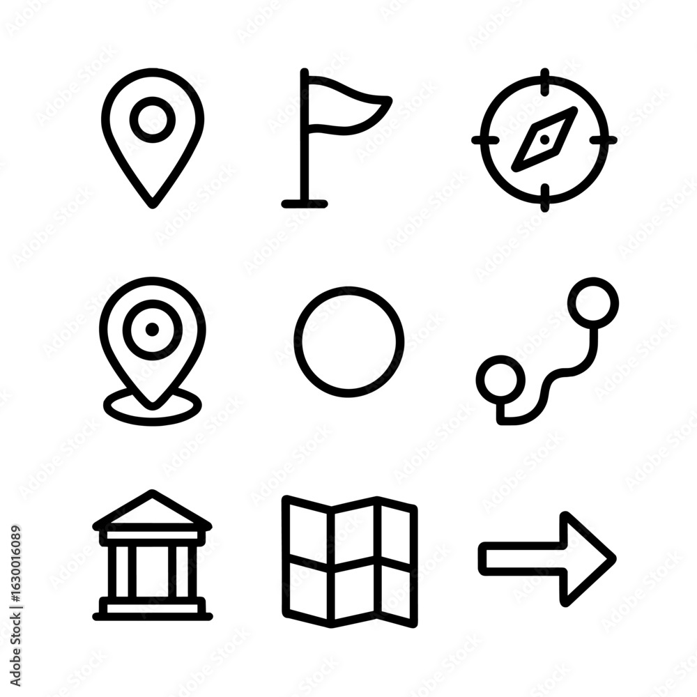 Poster navigation icon set. outline icon set of navigation marks: map pin, waypoint flag, compass, gps mark