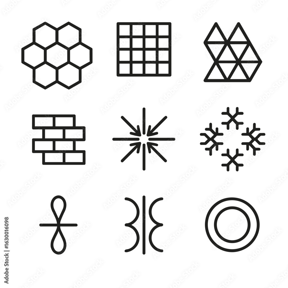 Poster geometric icon set. outline icon set of geometric repetition: hex grid, tiled square, repeating tria
