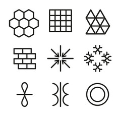Geometric Icon Set. Outline icon set of geometric repetition: hex grid, tiled square, repeating triangle, stacked circle, offset