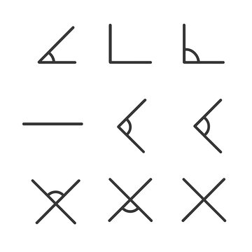 Geometric Angles Icon Set. Outline icon set of geometric angles: acute angle, right angle, obtuse angle, straight angle, reflex