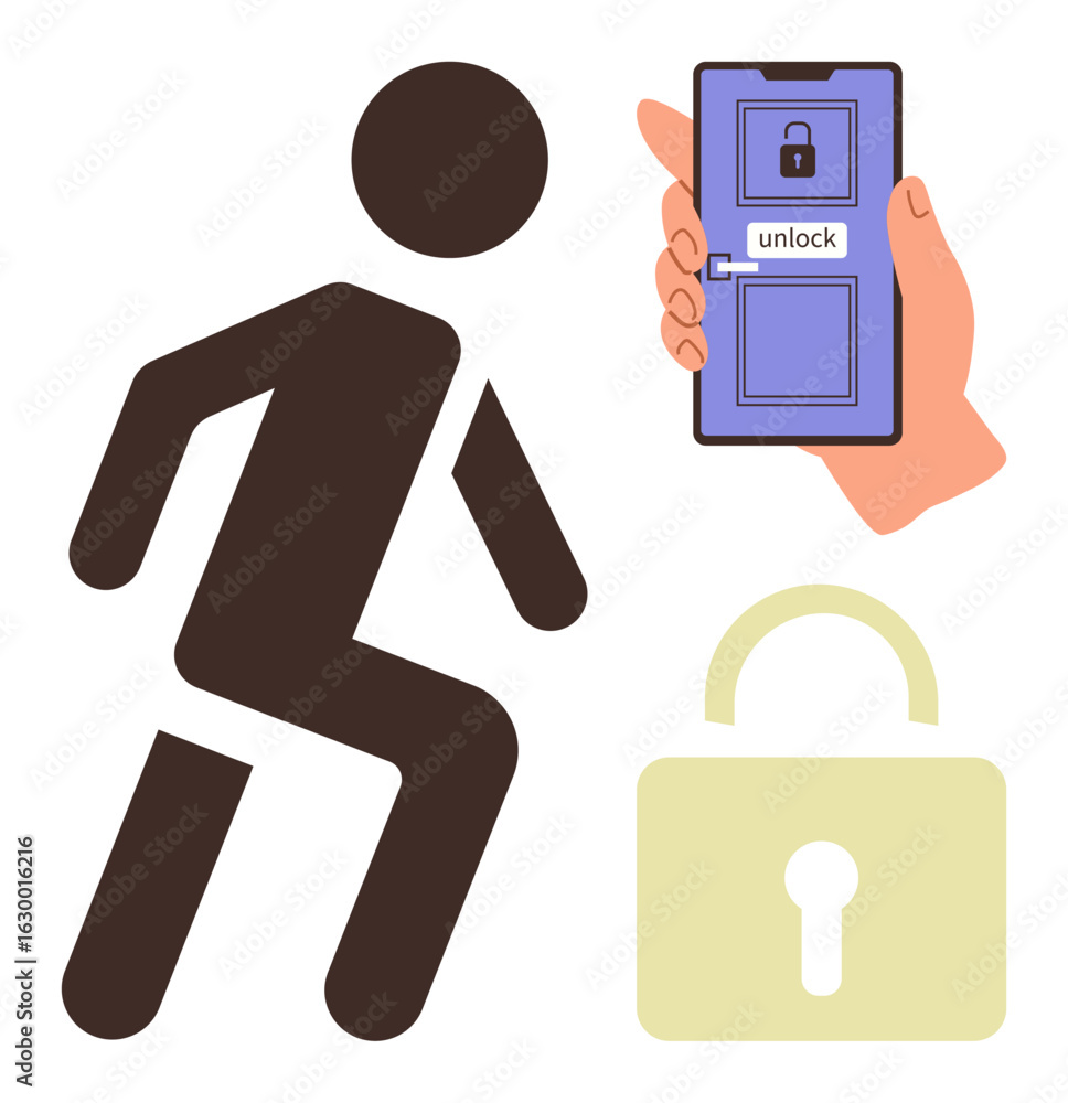Poster abstract figure sneaking beside smartphone with unlock screen and secure lock imagery. ideal for cyb